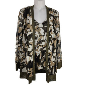 Chico’s Women Camo-Floral Print Mesh Cardigan Top Ambered Olive Size 1 US Medium